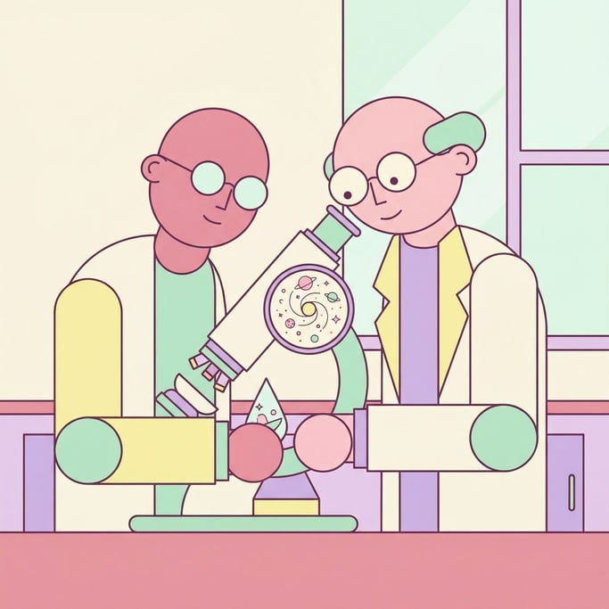 A scientist looking through a microscope that reveals a tiny complete universe inside a water drople (1efqu81l)