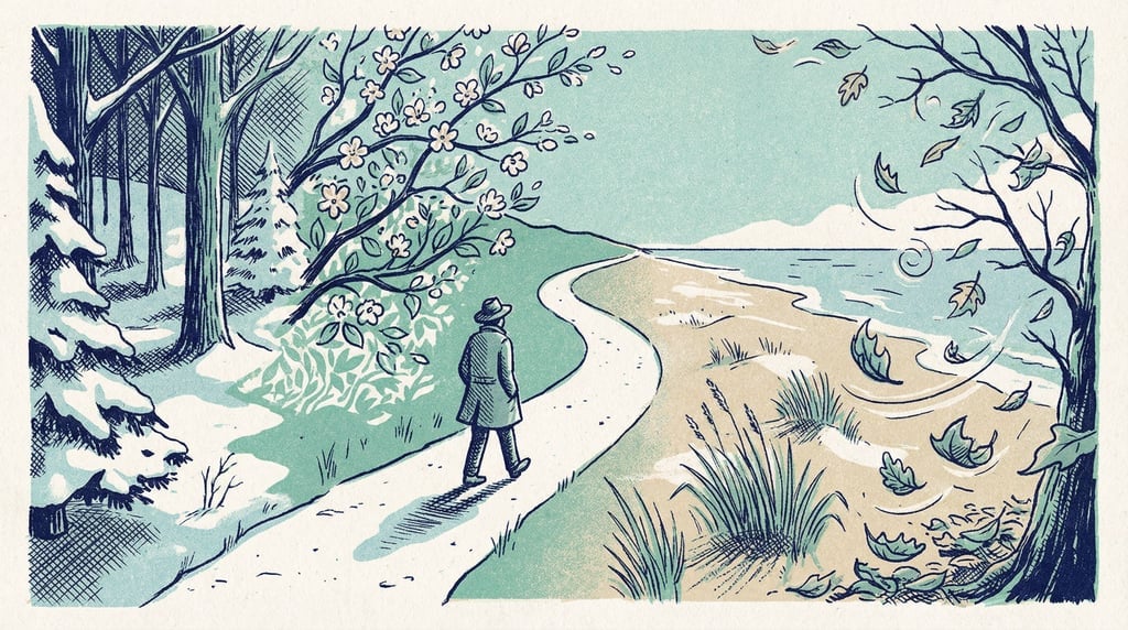 A person walking along a path where the landscape seamlessly transitions through all four seasons ar (jodiv)