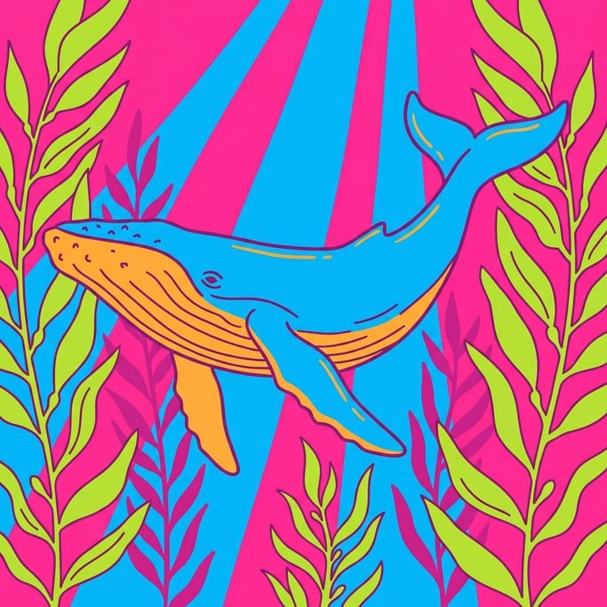 A whale swimming gracefully through a dense kelp forest, shafts of light from above (lp8fbhxf)