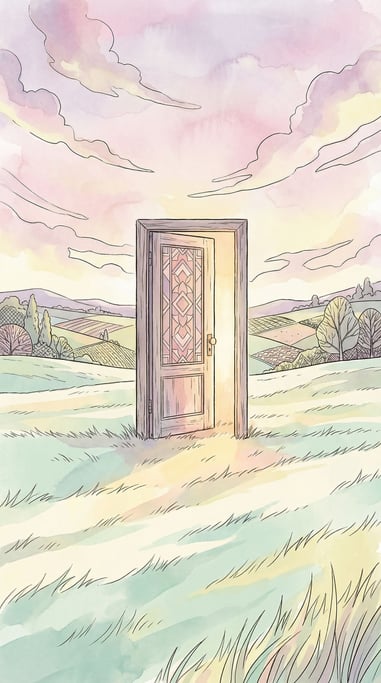A door standing alone in the middle of an open grass field, slightly ajar (zj4zpc)