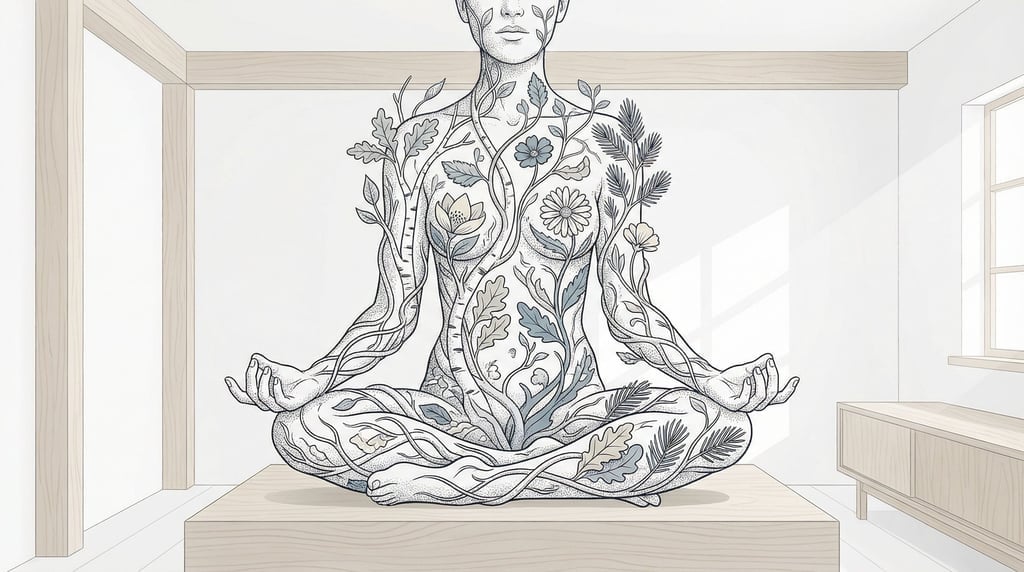 A person in a meditation pose, their body composed of intertwined botanical elements: vines