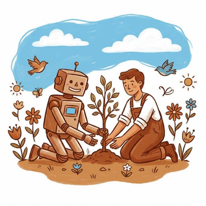 A robot and a human kneeling together planting a small tree, technology and nature cooperating (0xeudbs6)