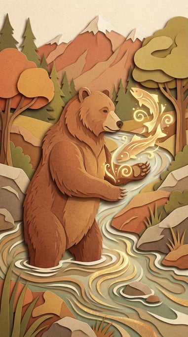 A bear standing in a mountain stream catching fish that are made of shimmering golden light instead (w0l4mvsi)