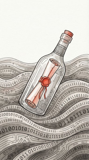 A message in a glass bottle floating through a sea made of flowing data waves and binary streams