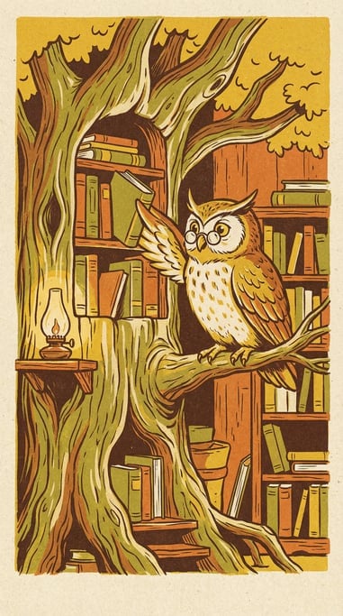 An owl perched in a library, organizing books on shelves that are built into the branches of a tree