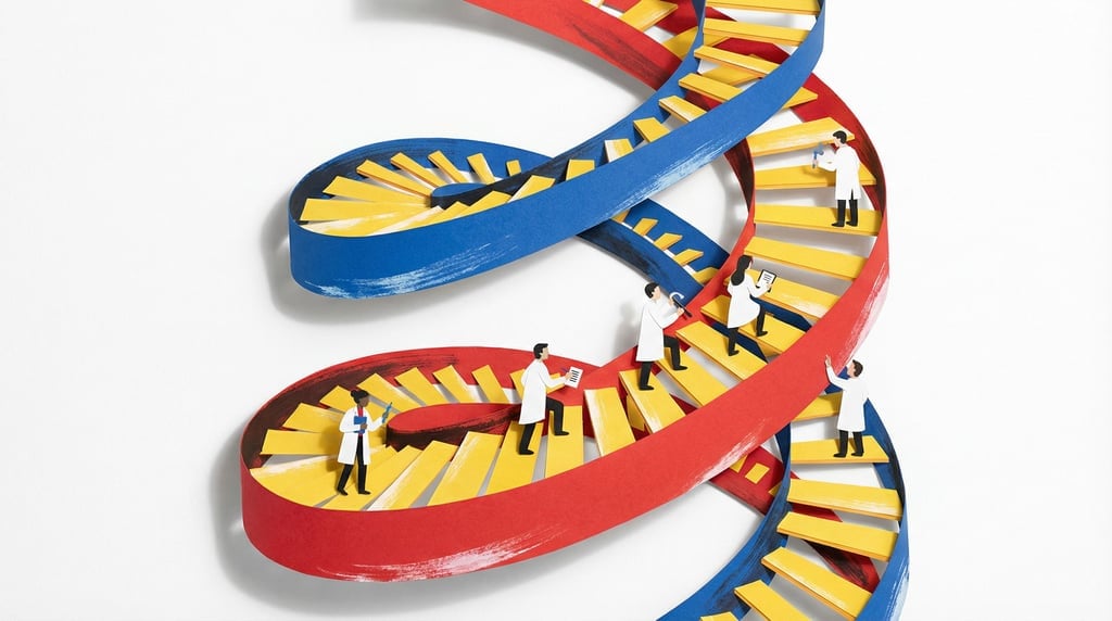 A DNA double helix rendered as a grand spiral staircase with tiny researchers walking along the step (nz)