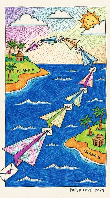 Paper airplanes carrying sealed letters flying across a wide ocean between two distant islands