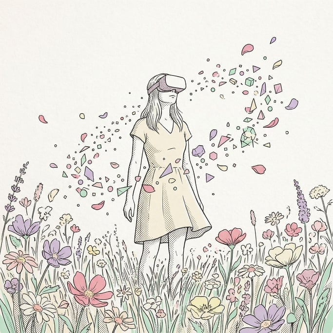 A person wearing VR goggles standing in a wildflower meadow (o)