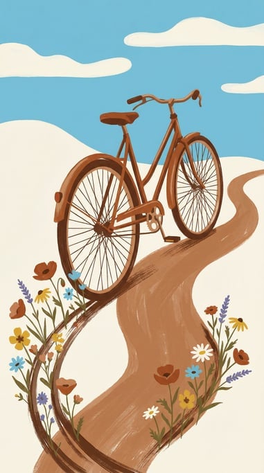 A bicycle with wheels that leave a trail of sprouting wildflowers wherever they roll on the path (wedslici)