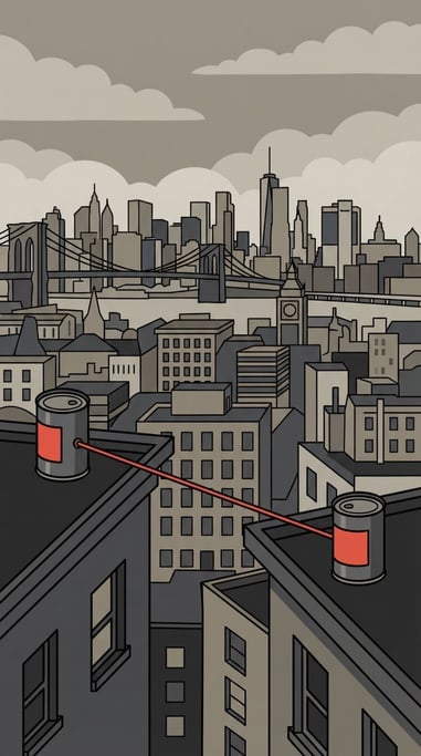 Two tin cans connected by a long string that stretches across an entire city skyline between two roo