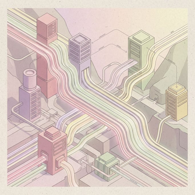 Data streams flowing like colorful rivers through a valley of stylized server towers