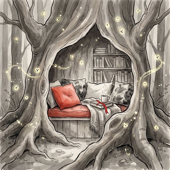 A cozy reading nook built into the hollow of an enormous ancient tree trunk