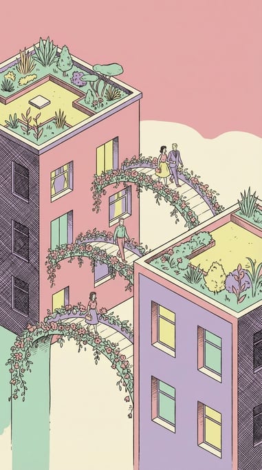 Rooftop gardens on adjacent buildings connected by arching bridges made entirely of trailing flowers (cxblm3op)