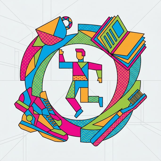 Morning routine items orbiting a person like planets: coffee cup, journal, running shoes, toothbrush (5vw4w7z2)