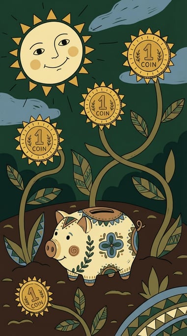 A piggy bank sitting in a garden where coins grow on stems like sunflowers (cjzngqps)