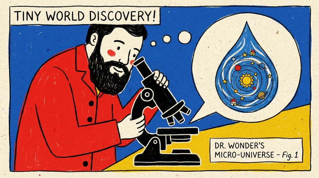 A scientist looking through a microscope that reveals a tiny complete universe inside a water drople (gtp1eyho)