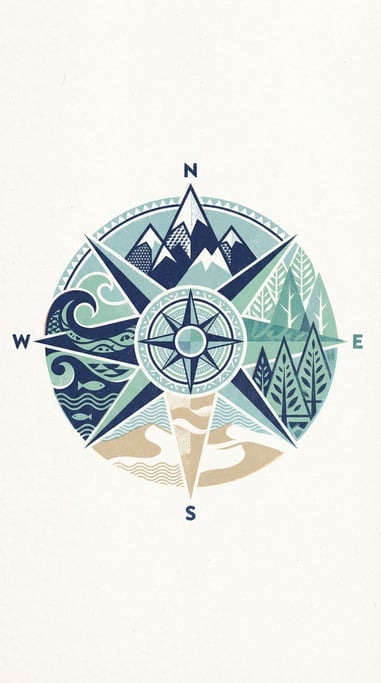 A compass rose where each cardinal direction opens into a completely different landscape: desert