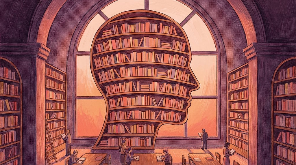 A library interior where the bookshelves curve and form the silhouette of a human head in profile