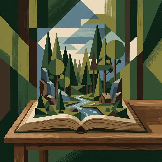 An open book lying flat with a detailed miniature landscape emerging from its pages like a pop-up di (qhsqakcs)