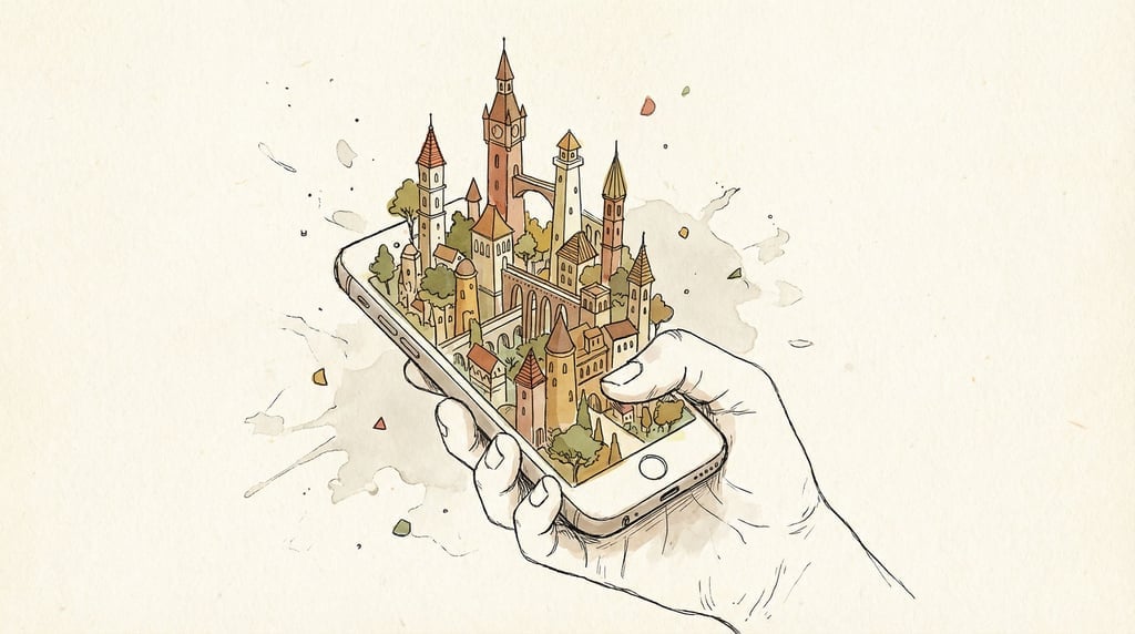 A hand holding a smartphone with a tiny detailed city growing upward out of the screen (atlvmqh)