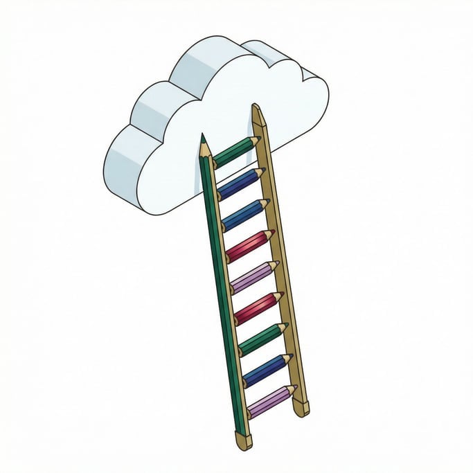 A tall ladder leaning against the underside of a fluffy cloud, rungs made of colored pencils (waoqcew5)