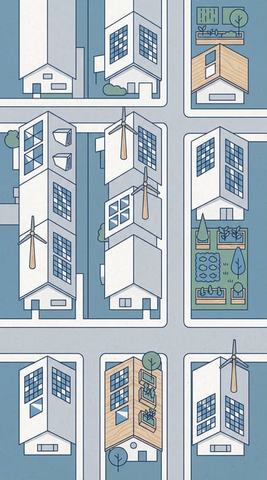A neighborhood seen from above where every rooftop hosts a different renewable energy installation (7x7domhk)