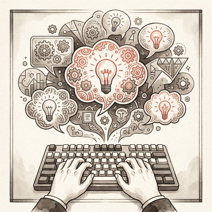 Hands typing on a keyboard with ideas emerging as vivid thought bubbles rising above (rfjpm6tz)