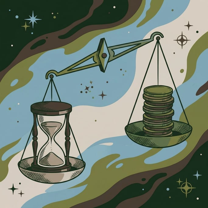 Balanced scales floating in space with an hourglass on one side and a stack of coins on the other