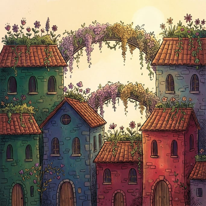 Rooftop gardens on adjacent buildings connected by arching bridges made entirely of trailing flowers (dwyic08)