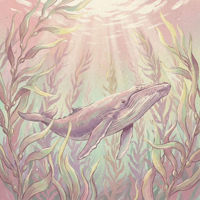 A whale swimming gracefully through a dense kelp forest, shafts of light from above
