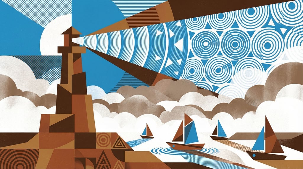 A lighthouse beaming a wide cone of light through dense fog, small boats navigating toward it safely