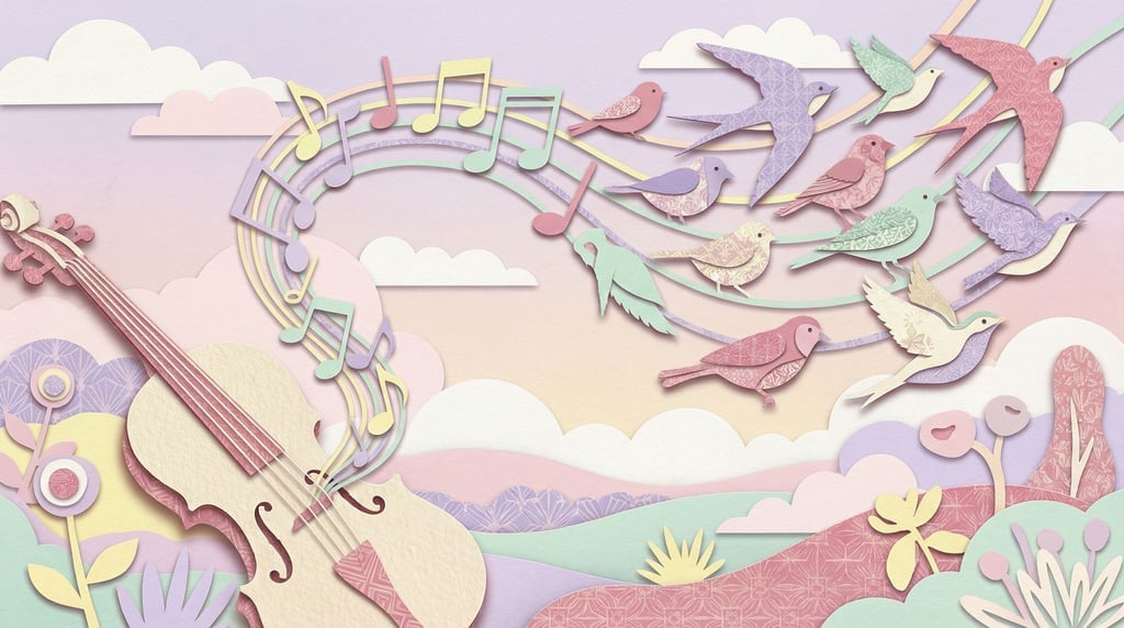Musical notes floating from a violin and gradually transforming into a flock of small birds mid-flig