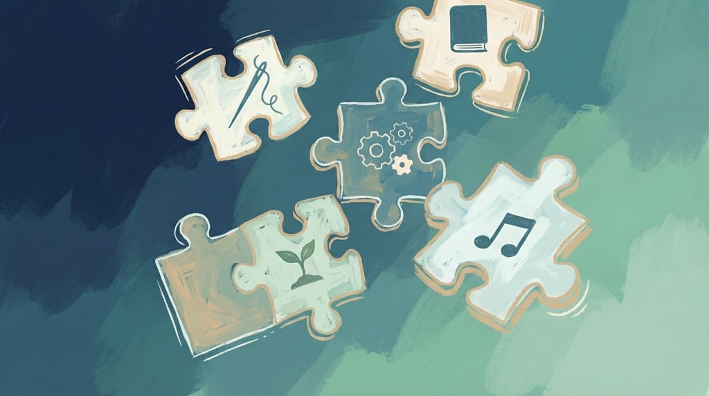 Jigsaw puzzle pieces floating together mid-assembly in the air