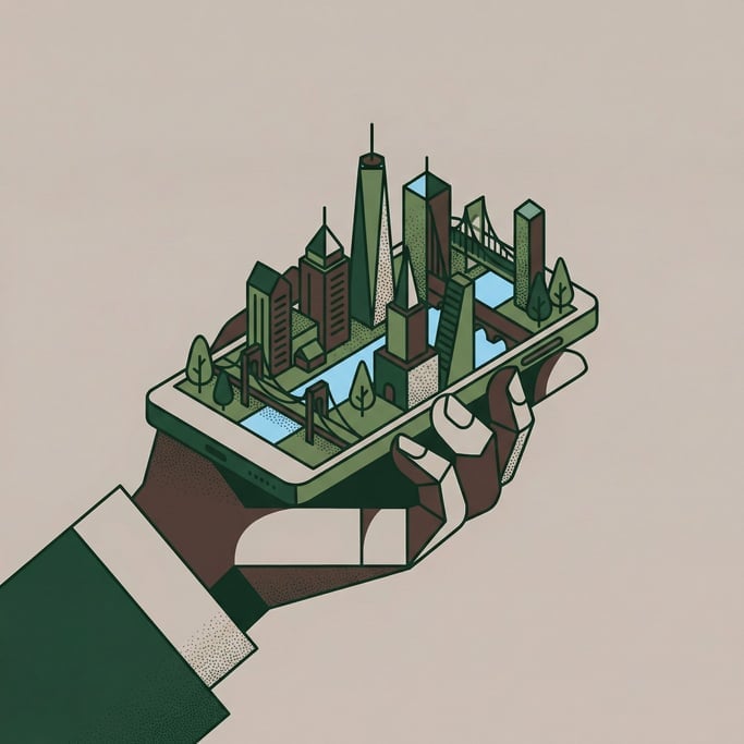 A hand holding a smartphone with a tiny detailed city growing upward out of the screen