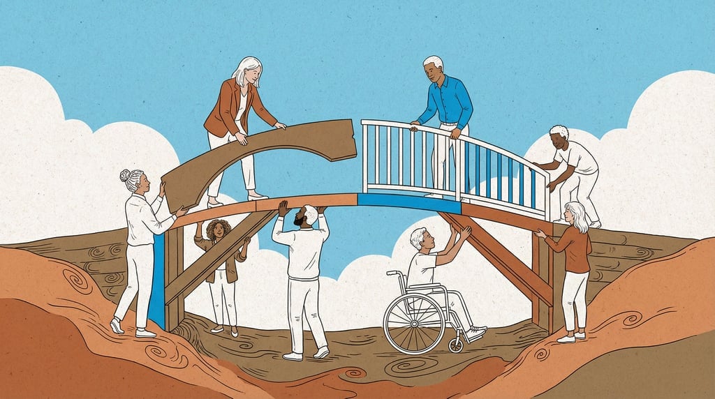 A diverse team building a bridge together