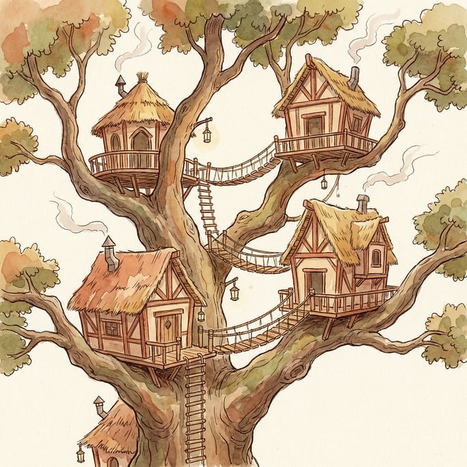 A multi-level treehouse village connected by rope bridges and ladders, nestled in a giant oak canopy