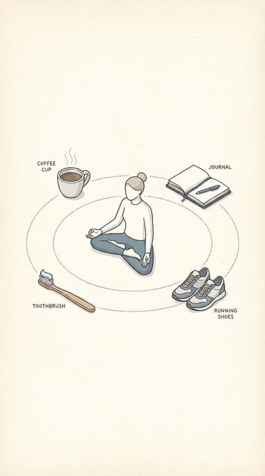Morning routine items orbiting a person like planets: coffee cup, journal, running shoes, toothbrush