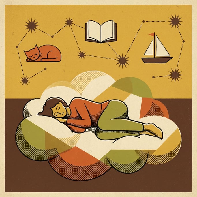 A person sleeping peacefully on a cloud, constellations above forming the shapes of gentle dreams