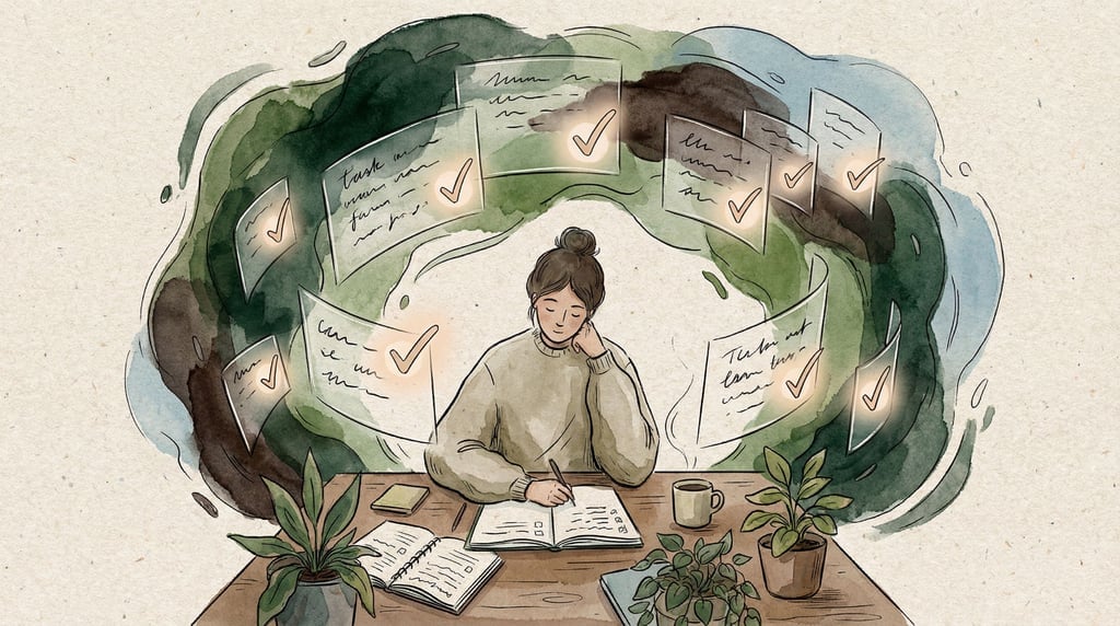 A person at a desk surrounded by floating task cards and glowing checkmarks