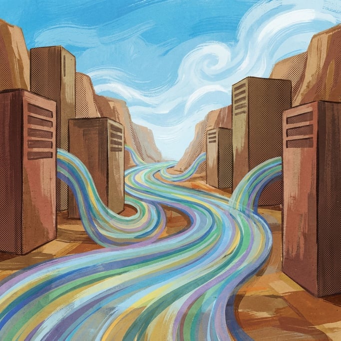 Data streams flowing like colorful rivers through a valley of stylized server towers (x3kzriss)
