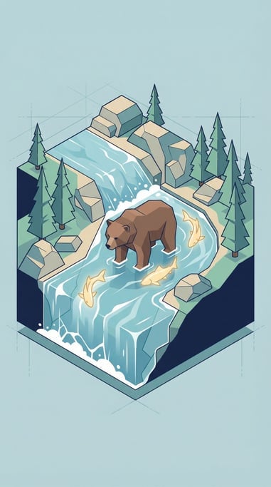 A bear standing in a mountain stream catching fish that are made of shimmering golden light instead