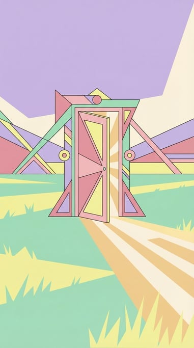 A door standing alone in the middle of an open grass field, slightly ajar (ohrdw8h)