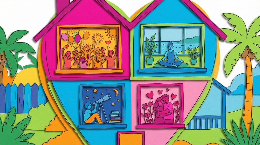 A heart-shaped house with windows showing different emotions in each room: joy, calm, curiosity (h0ykwuhx)