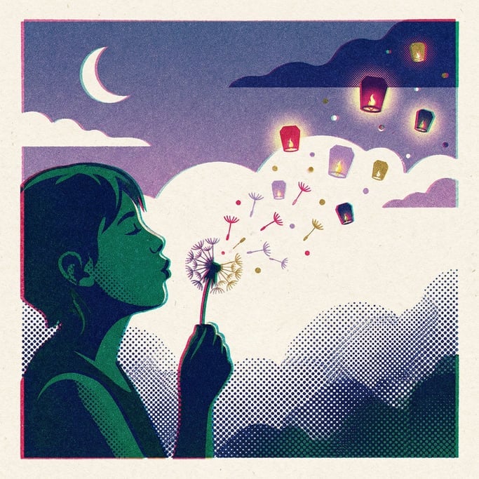 A person blowing dandelion seeds that transform into tiny glowing lanterns drifting across a twiligh