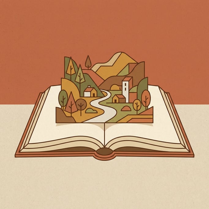 An open book lying flat with a detailed miniature landscape emerging from its pages like a pop-up di