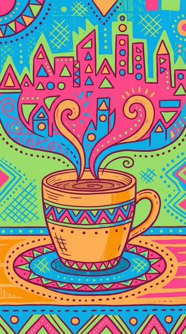 A steaming coffee cup where the rising steam forms the delicate silhouette of a city skyline (hun7w7mu)