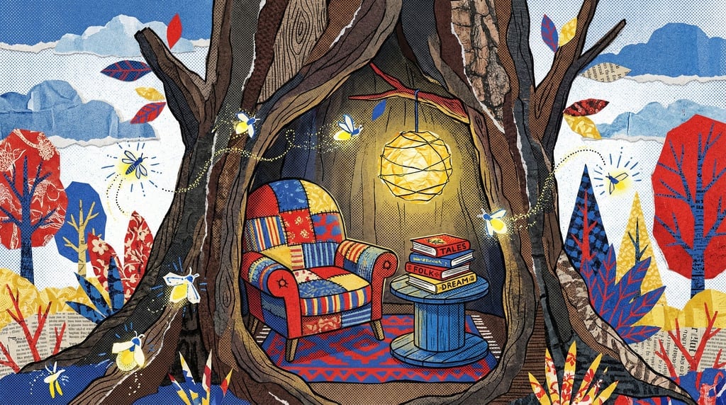 A cozy reading nook built into the hollow of an enormous ancient tree trunk (qjvbac76)