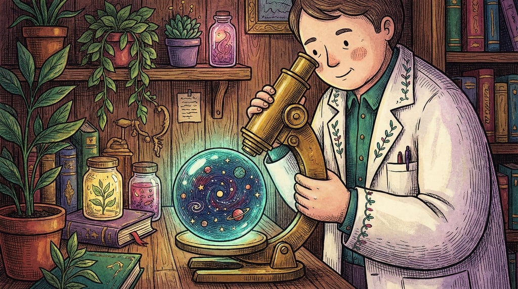 A scientist looking through a microscope that reveals a tiny complete universe inside a water drople