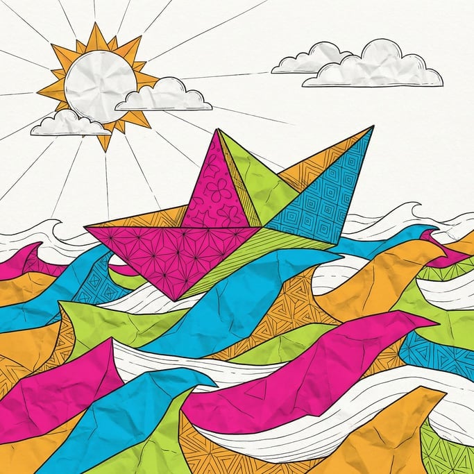 A paper boat sailing across a sea made entirely of crumpled and folded paper with paper waves (kyrb3zka)