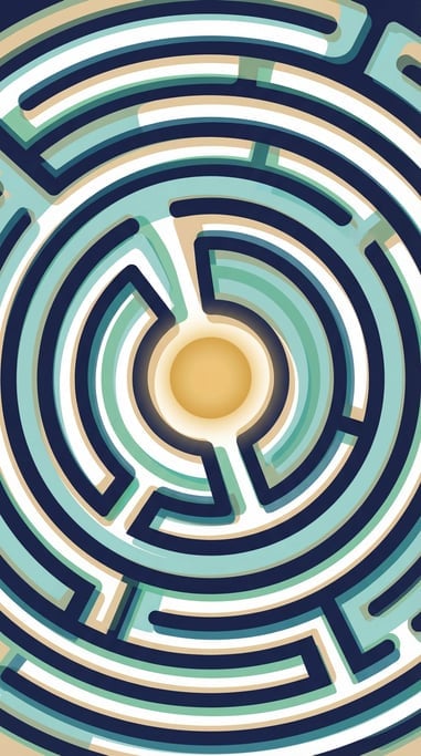 A maze viewed from above with multiple winding paths, all leading to a glowing warm center goal